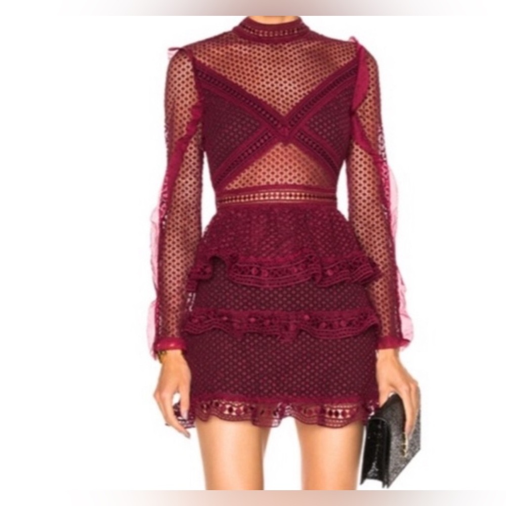 Self-Portrait Burgundy Long Sleeve Lace Dress